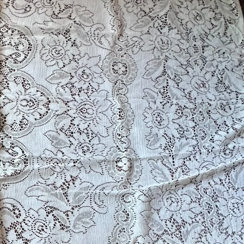 Vintage White Eyelet Lace Round Tablecloth with One Flat Edge, 70.5